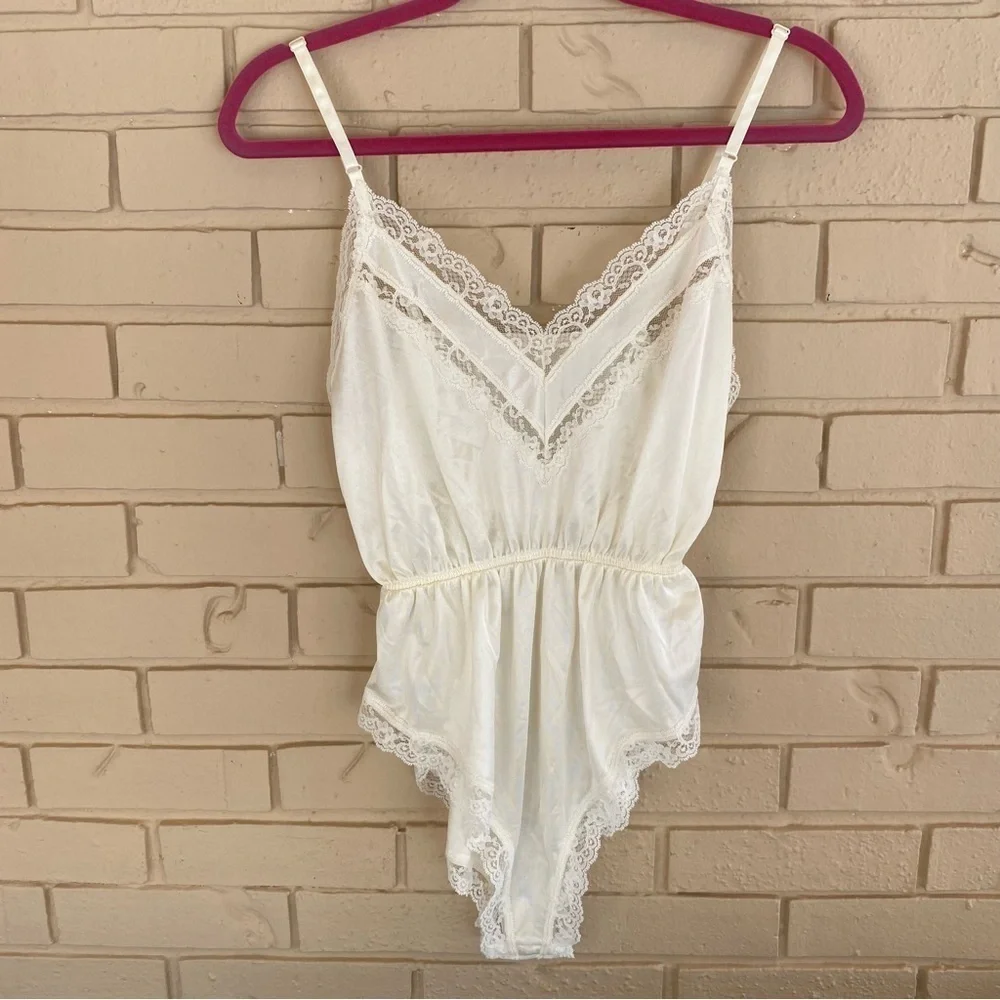 Women’s Lace-Trim Ivory Sleepwear Bodysuit - Picture 1 of 8